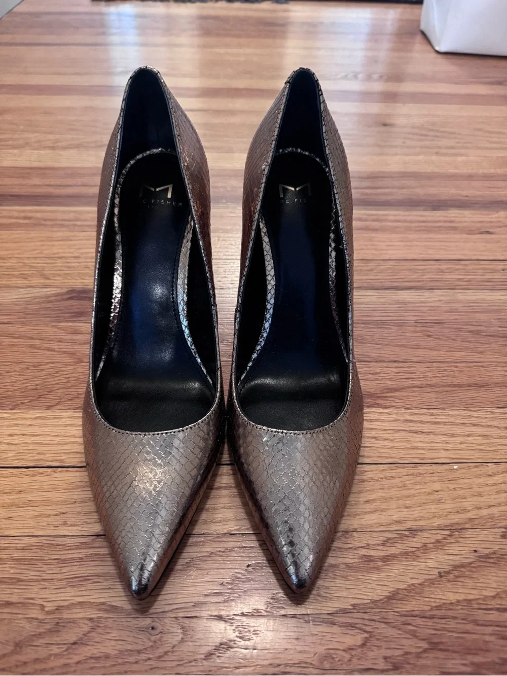 Marc Fisher Metallic Bronze Snakeskin Block Heel Pumps